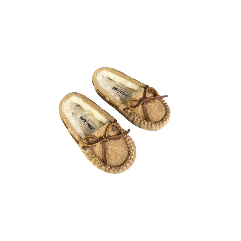 Minnetonka Toddler Tan Leather Moccasin Slippers With Faux Fur Lining Size-7